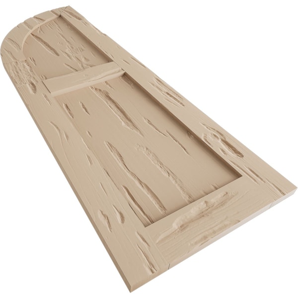 Ekena Millwork Pecky Cypress 2 Equal Flat Panel w/Quarter Round Arch Top Faux Wood Shutters, 18"W x 64"H - SHUFPQ18X64PCPR