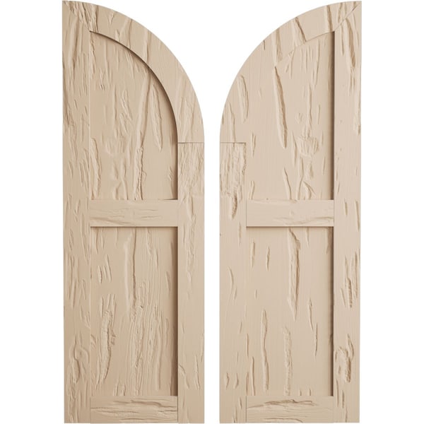 Ekena Millwork Pecky Cypress 2 Equal Flat Panel w/Quarter Round Arch Top Faux Wood Shutters, 18"W x 64"H - SHUFPQ18X64PCPR