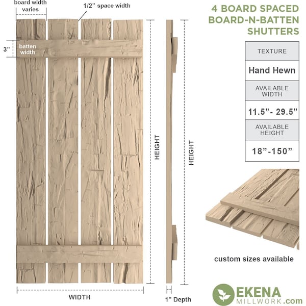 Ekena Millwork Rustic Four Board Spaced Board-n-Batten Hand Hewn Faux Wood Shutters, 23 1/2"W x 64"H - SHUBSS23X64HHPR