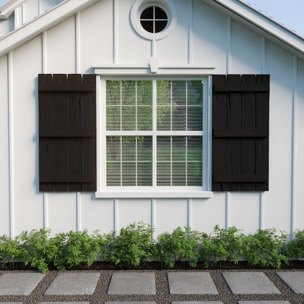Ekena Millwork Rustic Four Board Spaced Board-n-Batten Hand Hewn Faux Wood Shutters, 23 1/2"W x 64"H - SHUBSS23X64HHPR