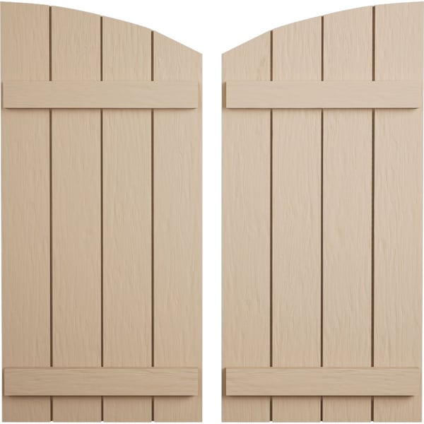Ekena Millwork Rough Sawn 4 Board Joined Board-n-Batten w/Elliptical Top Faux Wood Shutters, 22W x 50H, PR - SHUBJL22X50RSPR