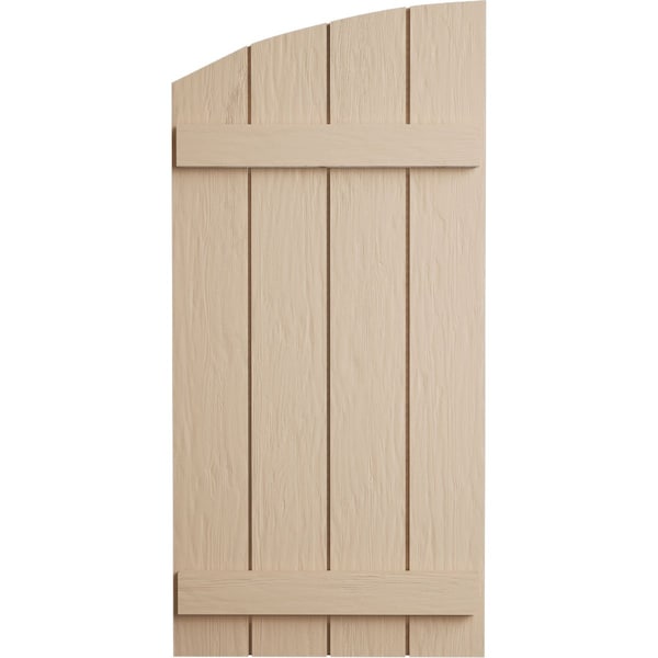 Ekena Millwork Rough Sawn 4 Board Joined Board-n-Batten w/Elliptical Top Faux Wood Shutters, 22W x 50H, PR - SHUBJL22X50RSPR