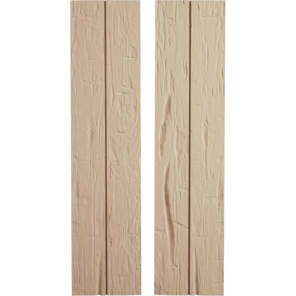 Ekena Millwork Rustic Two Board Joined Board-n-Batten Hand Hewn Faux Wood Shutters w/No Batten, 11W x 34H, PR - SHUBJN11X34HHPR
