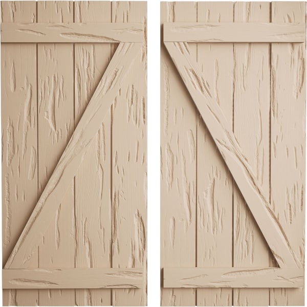 Ekena Millwork Rustic Four Board Joined Board-n-Batten Pecky Cypress Faux Wood Shutters w/Z-Board, 22"W x 70"H - SHUBJZ22X70PCPR
