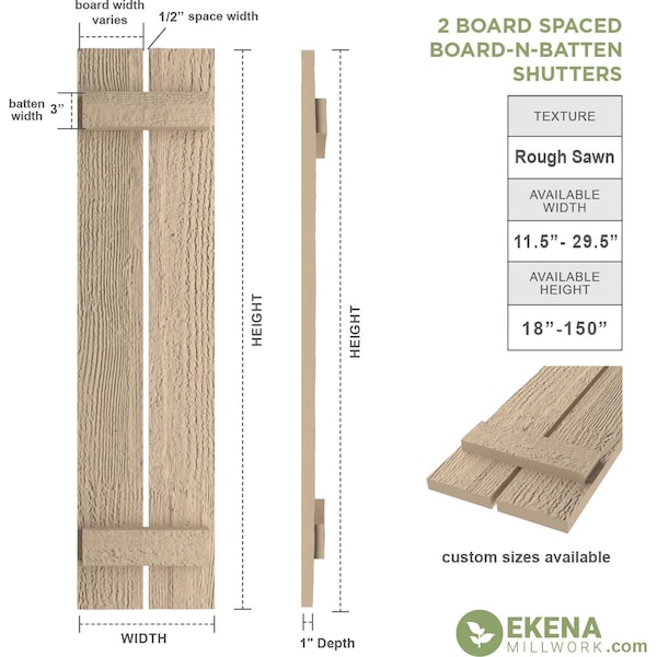 Ekena Millwork Rustic Two Board Spaced Board-n-Batten Rough Sawn Faux Wood Shutters, 11 1/2W x 60H, PR - SHUBSS11X60RSPR