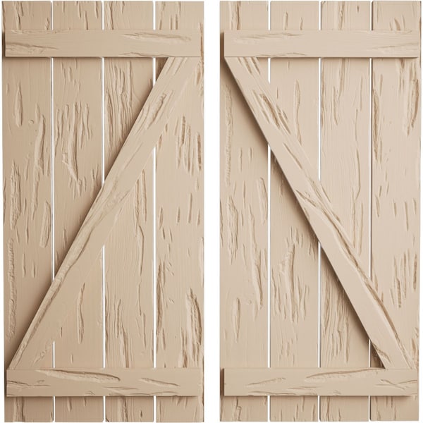 Ekena Millwork Rustic Four Board Spaced Board-n-Batten Pecky Cypress Faux Wood Shutters w/Z-Board, 23 1/2"W x 80"H - SHUBSZ23X80PCPR