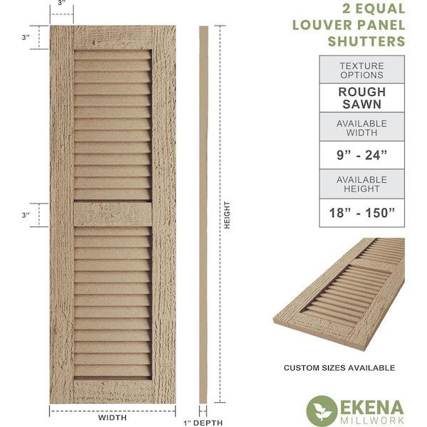 Ekena Millwork Rustic Two Equal Louver Rough Sawn Faux Wood Shutters (Per Pair), Primed Tan, 18"W x 42"H - SHULV18X42RSPR