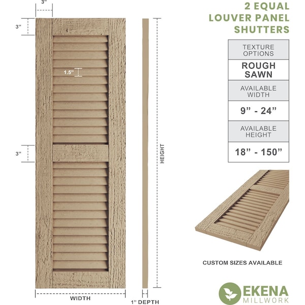 Ekena Millwork Rustic Two Equal Louver Rough Sawn Faux Wood Shutters (Per Pair), Primed Tan, 18"W x 42"H - SHULV18X42RSPR