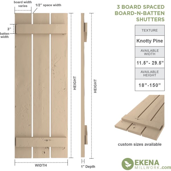 Ekena Millwork Rustic Three Board Spaced Board-n-Batten Knotty Pine Faux Wood Shutters, 17 1/2W x 34H, PR - SHUBSS17X34KPPR