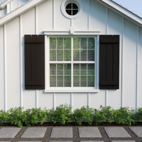 Ekena Millwork Rustic Three Board Spaced Board-n-Batten Knotty Pine Faux Wood Shutters, 17 1/2W x 34H, PR - SHUBSS17X34KPPR