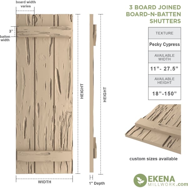Ekena Millwork Rustic Three Board Joined Board-n-Batten Pecky Cypress Faux Wood Shutters, 16 1/2"W x 28"H - SHUBJS16X28PCPR