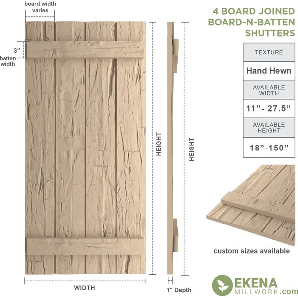 Ekena Millwork Rustic Four Board Joined Board-n-Batten Hand Hewn Faux Wood Shutters, 22W x 64H, PR - SHUBJS22X64HHPR