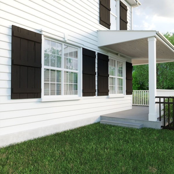 Ekena Millwork Rustic Four Board Joined Board-n-Batten Hand Hewn Faux Wood Shutters, 22W x 64H, PR - SHUBJS22X64HHPR