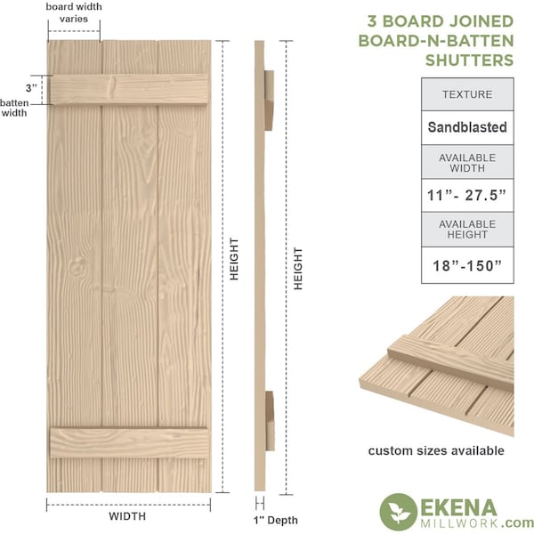 Ekena Millwork Rustic Three Board Joined Board-n-Batten Sandblasted Faux Wood Shutters, 16 1/2W x 84H, PR - SHUBJS16X84SDPR