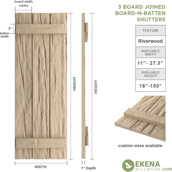 Ekena Millwork Rustic Three Board Joined Board-n-Batten Riverwood Faux Wood Shutters, 16 1/2W x 86H, PR - SHUBJS16X86RWPR