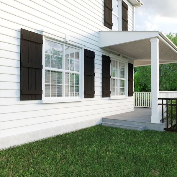 Ekena Millwork Rustic Three Board Joined Board-n-Batten Riverwood Faux Wood Shutters, 16 1/2W x 86H, PR - SHUBJS16X86RWPR