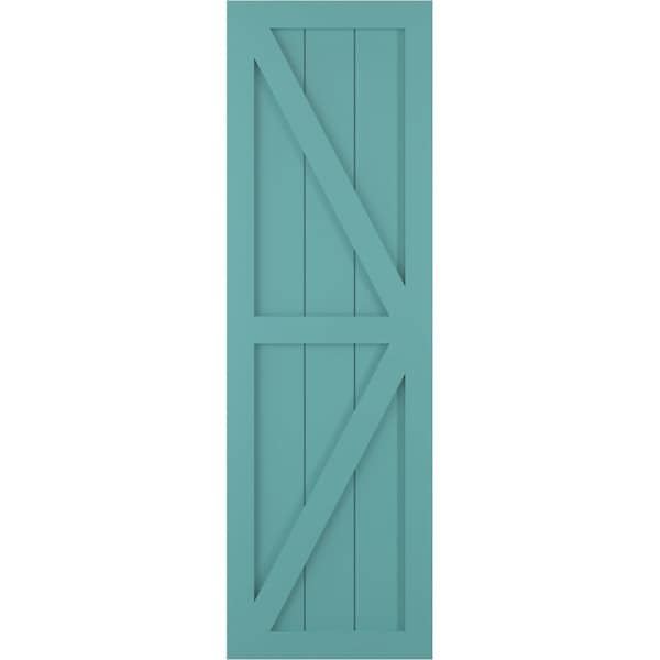 Ekena Millwork True Fit PVC Two Equal Panel Farmhouse Fixed Mount Shutters w/Z-Bar, Pure Turquoise, 15W x 44H, PR - TFP102FH15X044PT