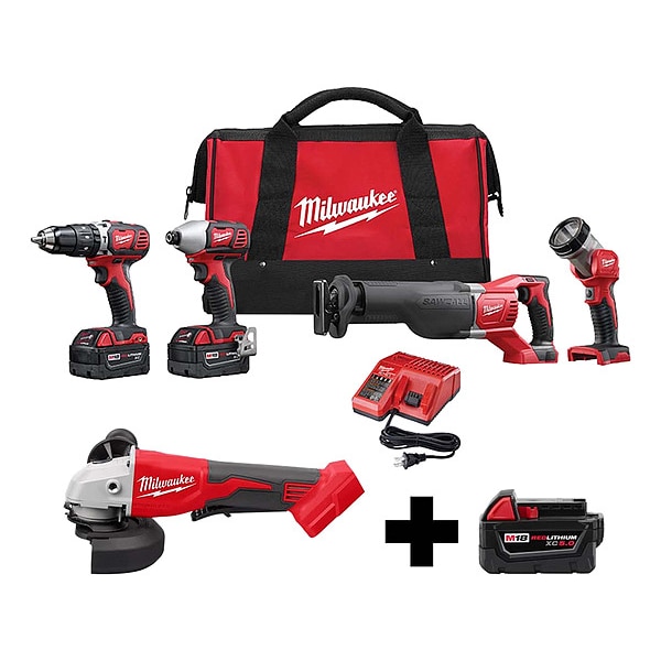 Milwaukee Tool M18 4-Tool Kit, M18 Grinder, M18 5.0 - 2696-24, 2686-20, 48-11-1850