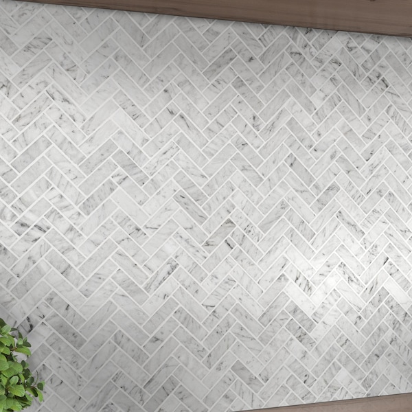 Msi Carrrara White Herringbone 12 In. X 12 In.  Polished Marble Mesh-Mounted Mosaic Tile, 10PK - ZOR-MD-0351