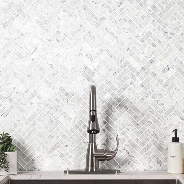 Msi Carrrara White Herringbone 12 In. X 12 In.  Polished Marble Mesh-Mounted Mosaic Tile, 10PK - ZOR-MD-0351