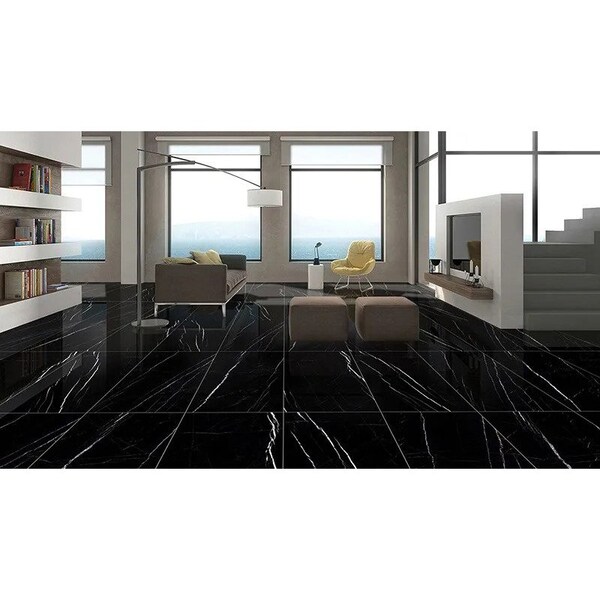 Apollo Tile 23.6in x 47.2in Polished Black Marquina Porcelain Wall and Floor Tile 15.5 sq ft/case, 2PK - AR88MARQ2448A