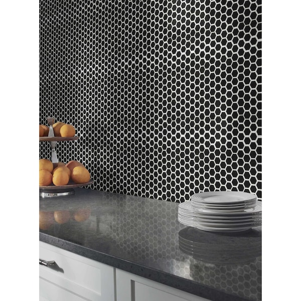 Msi Retro Nero Hexagon 11.73 In. X 10.16 In. X 6Mm Glossy Porcelain Mesh-Mounted Mosaic Tile, 15PK - ZOR-MD-0228