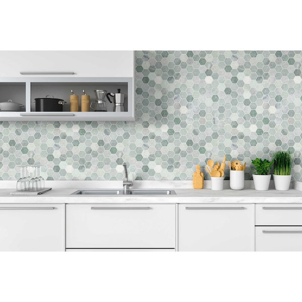 Msi Icelandic Green Hexagon 12"X11.81"X 10 Mm Polished Marble Mesh-Mounted Mosaic Wall Tile, 10PK - ZOR-MD-0486