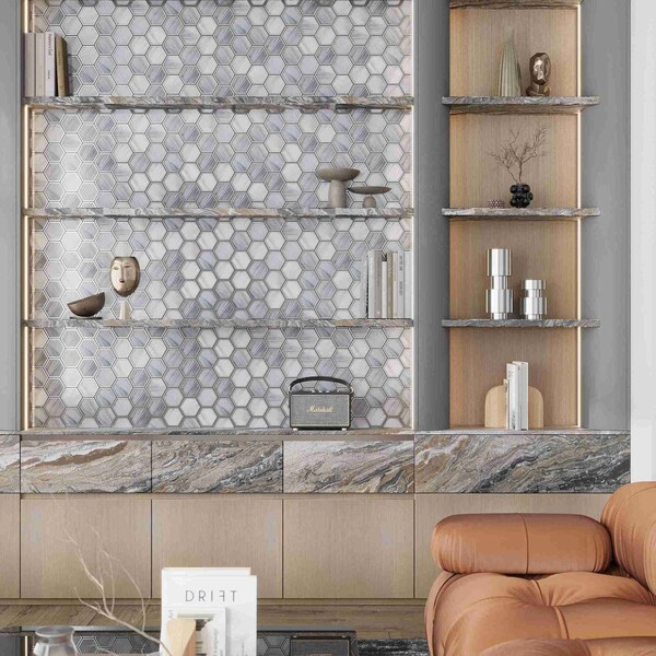 Apollo Tile 9x10 in. Matte Silver Stormy Gray Glass Mosaic Hexagon Wall and Floor Tile 3.28 sq ft/case, 5PK - APLSTR8808A