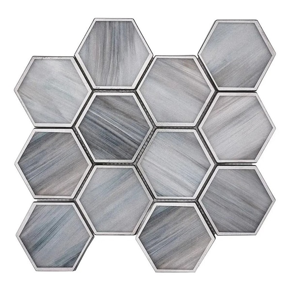 Apollo Tile 9x10 in. Matte Silver Stormy Gray Glass Mosaic Hexagon Wall and Floor Tile 3.28 sq ft/case, 5PK - APLSTR8808A