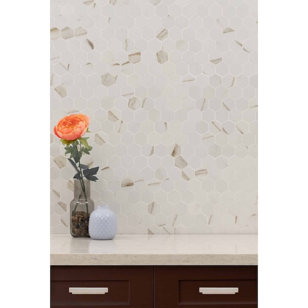 Msi Calacatta Hexagon 12 In. X 12 In. X 10Mm Porcelain Mesh-Mounted Mosaic Tile, 8PK - ZOR-PT-0363