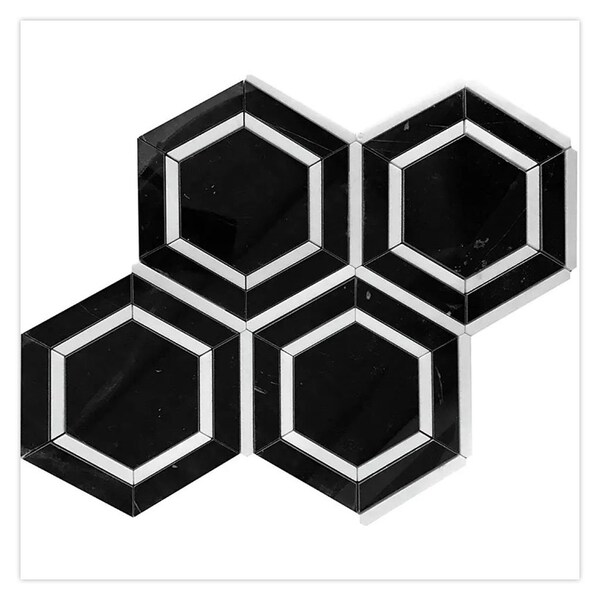Apollo Tile 11x13 in. Polished Raven Black Marble Mosaic Hexagon Wall and Floor Tile 5.21 sq ft/case, 5PK - APLTX88G17PA
