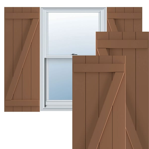 Ekena Millwork True Fit PVC, Four Board Joined Board-n-Batten Shutters w/Z-Bar, Burnt Toffee , 21 1/2W x 50H, PR - TFP102BBF21X050BT
