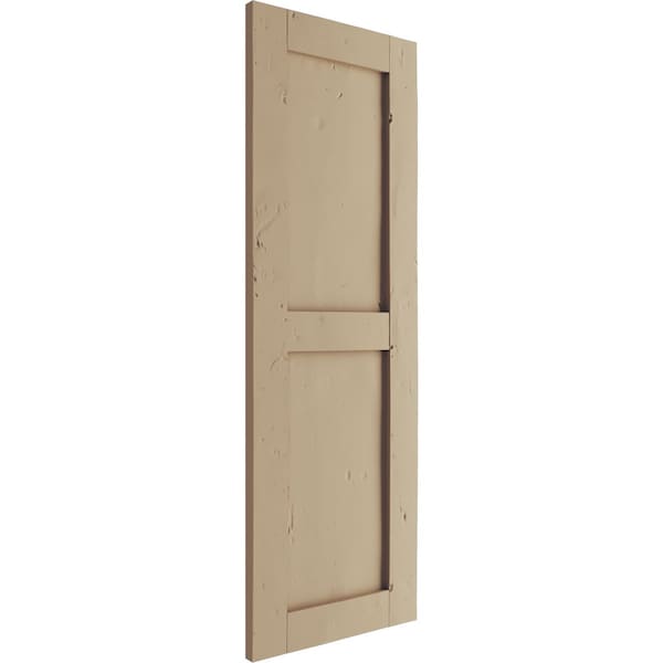 Ekena Millwork Rustic Two Equal Panel Flat Panel Knotty Pine Faux Wood Shutters (Per Pair), Primed Tan, 18"W x 56"H - SHUFP18X56KPPR