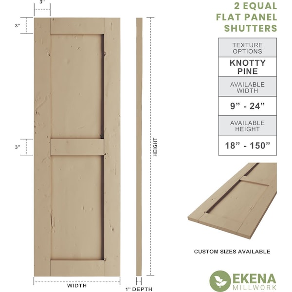 Ekena Millwork Rustic Two Equal Panel Flat Panel Knotty Pine Faux Wood Shutters (Per Pair), Primed Tan, 18"W x 56"H - SHUFP18X56KPPR