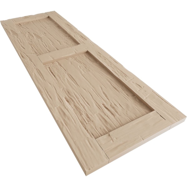 Ekena Millwork Rustic Two Equal Panel Flat Panel Hand Hewn Faux Wood Shutters (Per Pair), Primed Tan, 15"W x 56"H - SHUFP15X56HHPR
