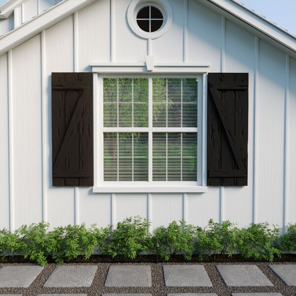 Ekena Millwork Rustic Three Board Joined Board-n-Batten Pecky Cypress Faux Wood Shutters w/Z-Board, 16 1/2"W x 48"H - SHUBJZ16X48PCPR