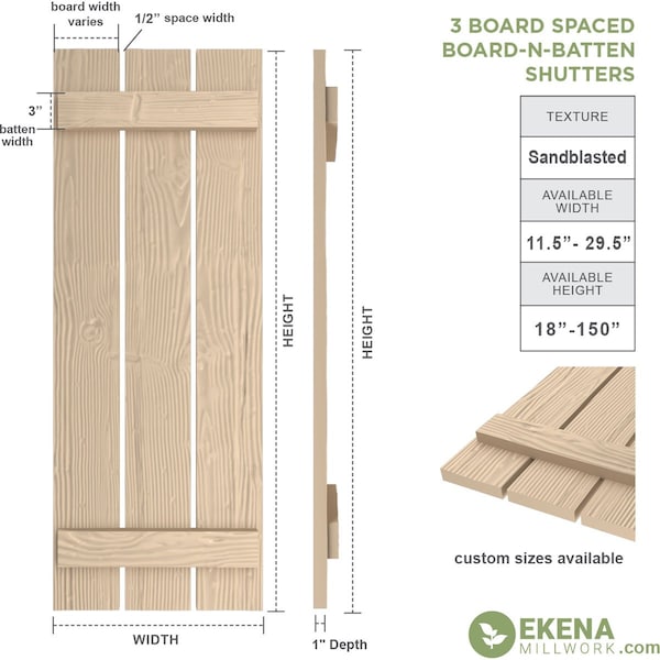 Ekena Millwork Rustic Three Board Spaced Board-n-Batten Sandblasted Faux Wood Shutters, 17 1/2W x 40H, PR - SHUBSS17X40SDPR