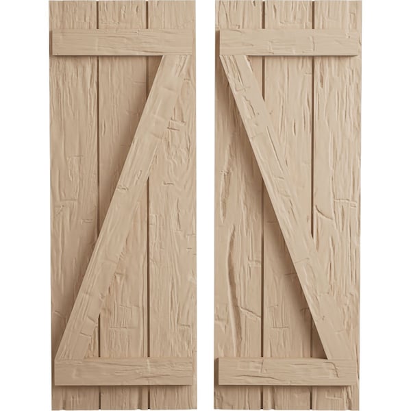 Ekena Millwork Rustic Three Board Joined Board-n-Batten Hand Hewn Faux Wood Shutters w/Z-Board, 16 1/2"W x 88"H - SHUBJZ16X88HHPR