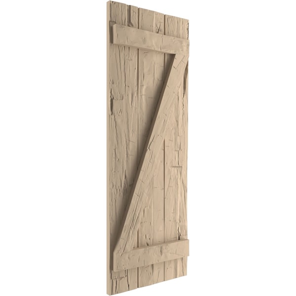 Ekena Millwork Rustic Three Board Joined Board-n-Batten Hand Hewn Faux Wood Shutters w/Z-Board, 16 1/2"W x 88"H - SHUBJZ16X88HHPR