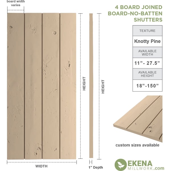 Ekena Millwork Rustic Four Board Joined Board-n-Batten Knotty Pine Faux Wood Shutters w/No Batten, 22W x 24H, PR - SHUBJN22X24KPPR