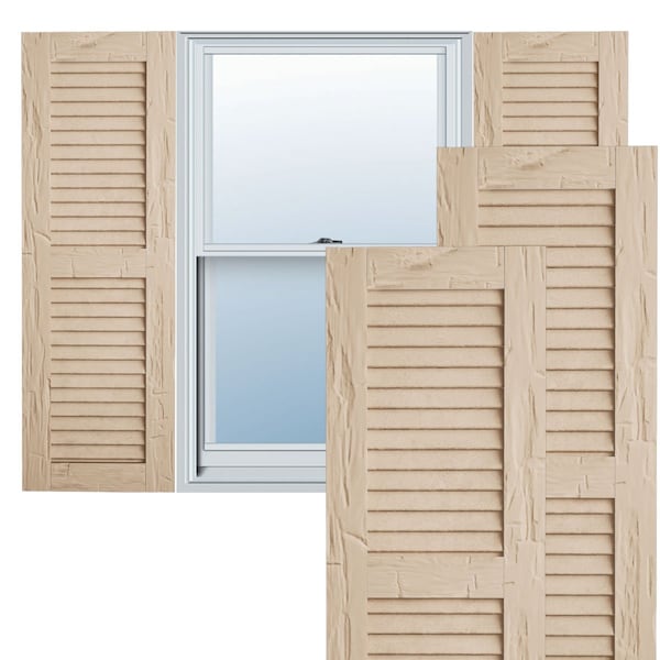 Ekena Millwork Rustic Two Equal Louver Hand Hewn Faux Wood Shutters (Per Pair), Primed Tan, 18"W x 52"H - SHULV18X52HHPR