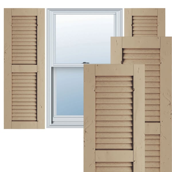 Ekena Millwork Rustic Two Equal Louver Knotty Pine Faux Wood Shutters (Per Pair), Primed Tan, 18"W x 36"H - SHULV18X36KPPR