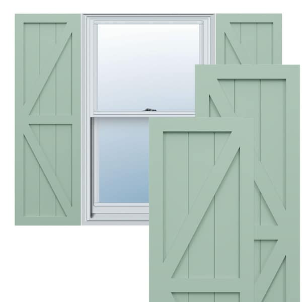 Ekena Millwork True Fit PVC Two Equal Panel Farmhouse Fixed Mount Shutters w/ Z-Bar, Seaglass , 18W x 62H, PR - TFP102FH18X062SG