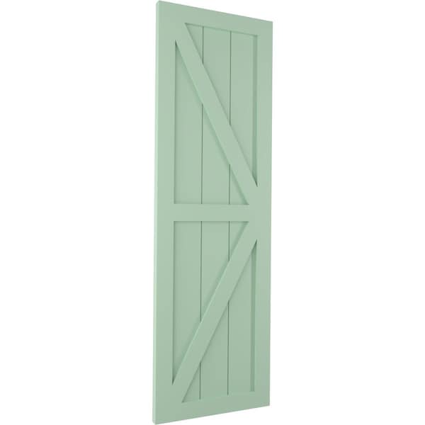 Ekena Millwork True Fit PVC Two Equal Panel Farmhouse Fixed Mount Shutters w/ Z-Bar, Seaglass , 18W x 62H, PR - TFP102FH18X062SG