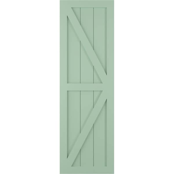 Ekena Millwork True Fit PVC Two Equal Panel Farmhouse Fixed Mount Shutters w/ Z-Bar, Seaglass , 18W x 62H, PR - TFP102FH18X062SG