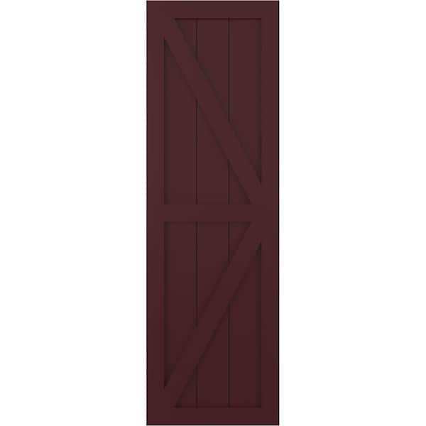 Ekena Millwork True Fit PVC Two Equal Panel Farmhouse Fixed Mount Shutters w/ Z-Bar, Wine Red , 18W x 48H, PR - TFP102FH18X048WR