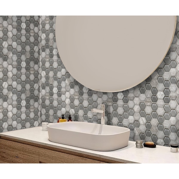 Apollo Tile Thunder Grey 4.92Sq.ft 11.8 in. X12 in. Glass&Marble Hexagon Mrbl Msic Tile, 5PK - APLBL9903WGEC07