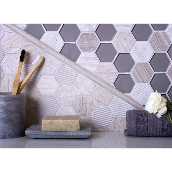 Apollo Tile Thunder Grey 4.92Sq.ft 11.8 in. X12 in. Glass&Marble Hexagon Mrbl Msic Tile, 5PK - APLBL9903WGEC07