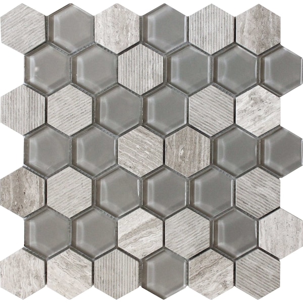 Apollo Tile Thunder Grey 4.92Sq.ft 11.8 in. X12 in. Glass&Marble Hexagon Mrbl Msic Tile, 5PK - APLBL9903WGEC07