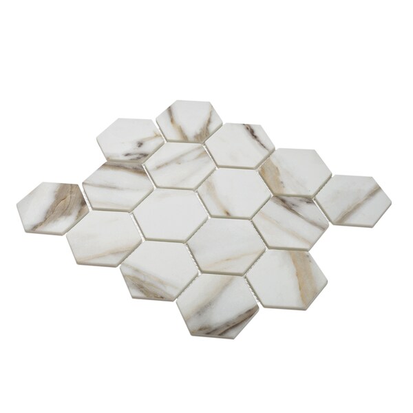 Apollo Tile Sample, Beige&White 2" Hexagon 10.2"X11.7" Recycled Glass Mosaic Tile - APLNNH9902CLEC36 SAMPLE
